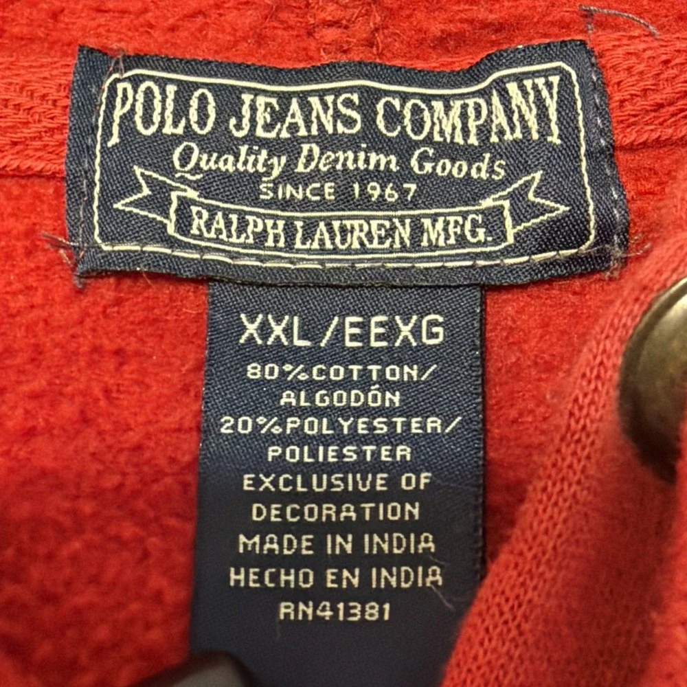Ralph Lauren Polo Jeans Co Hoodie Mens 2XL Red Fleece PRL 67 Pullover Crest